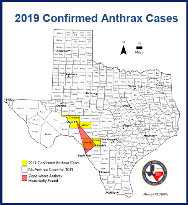 Texas Anthrax cases map 7-16-19