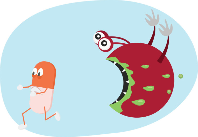 antibiotic pill running from bacteria