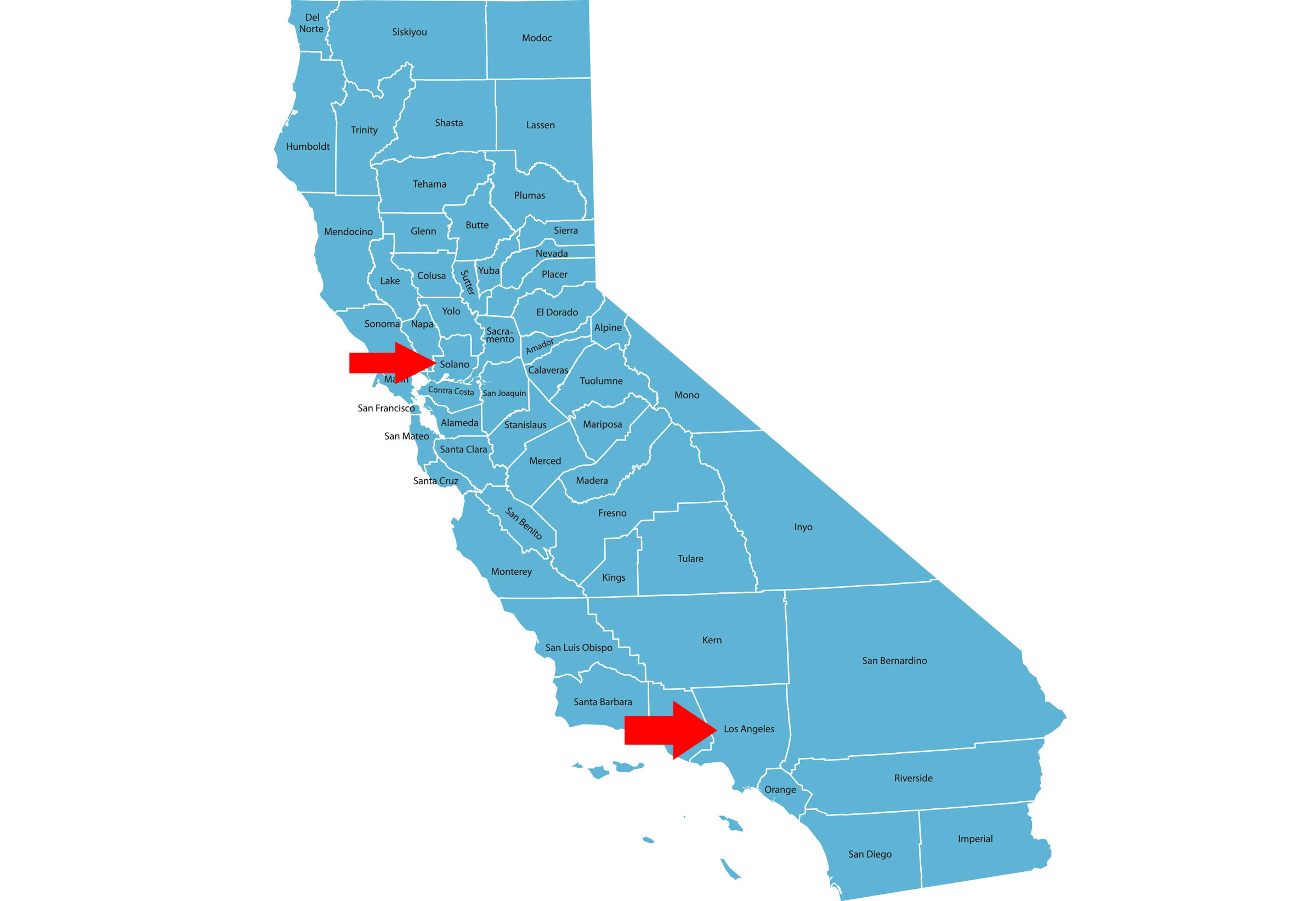 Los Angeles County and Solano County California map