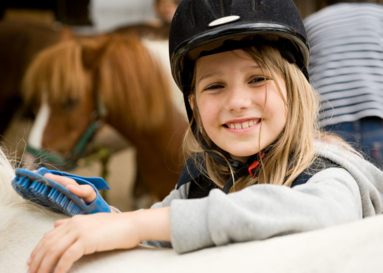 child smiling grooming horse
