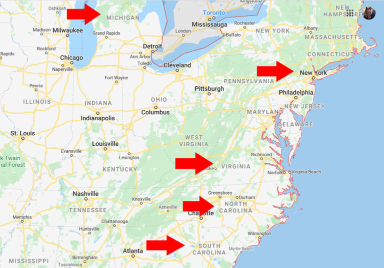East Coast map NC SC VA NY MI