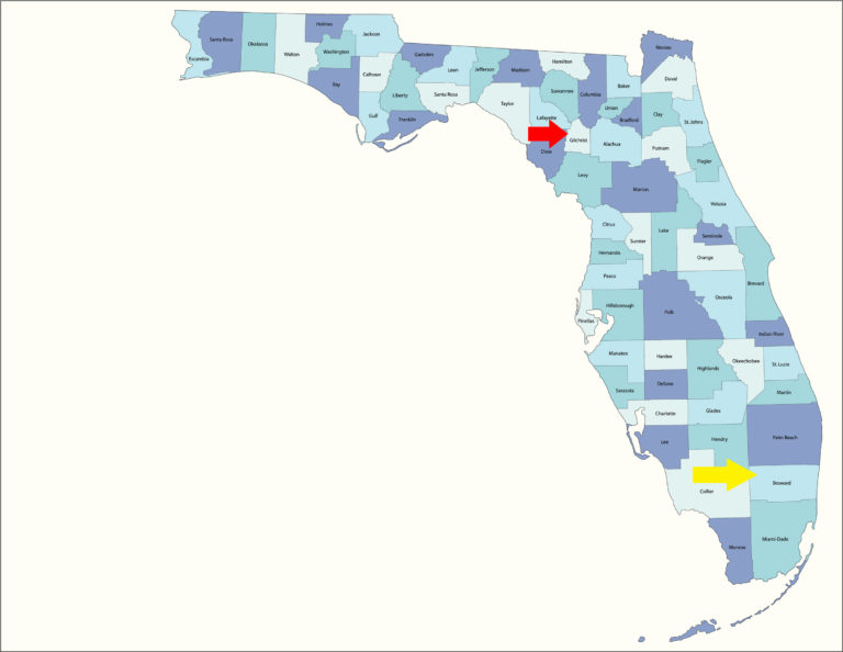 Florida Broward and Gilchrist Counties map