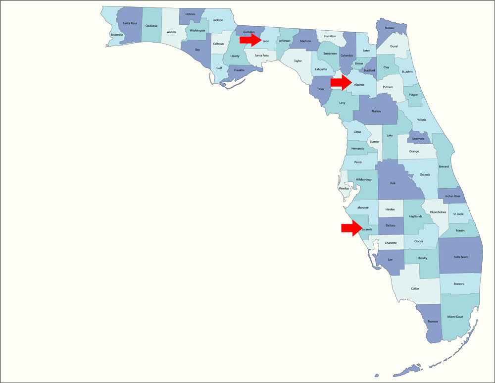 Florida Leon Sarasota Alachua Counties map