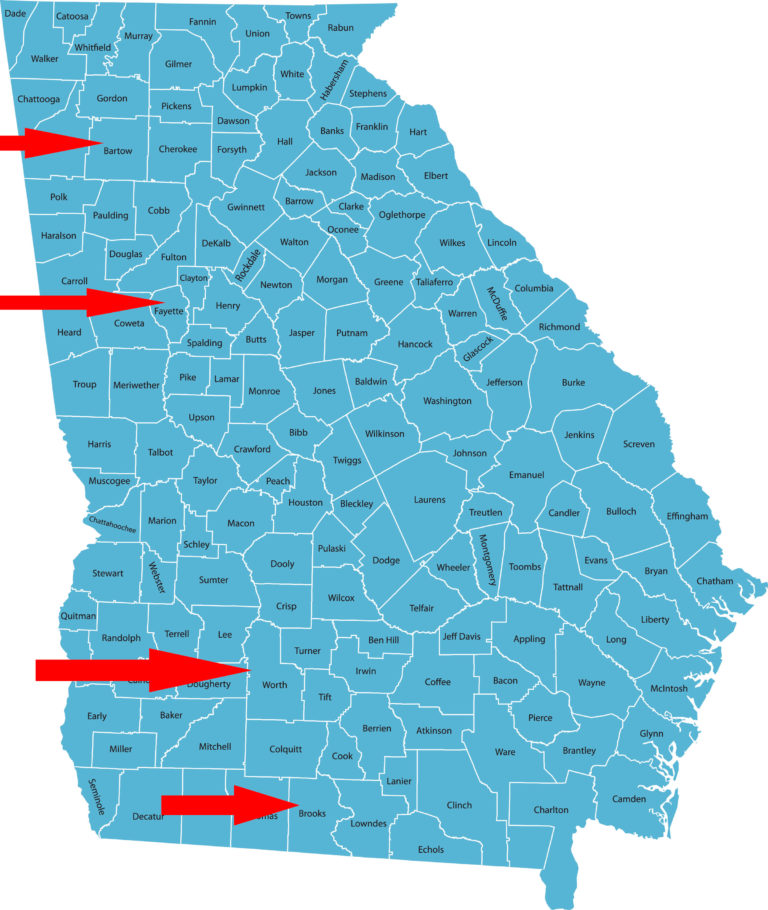 Georgia county marked map