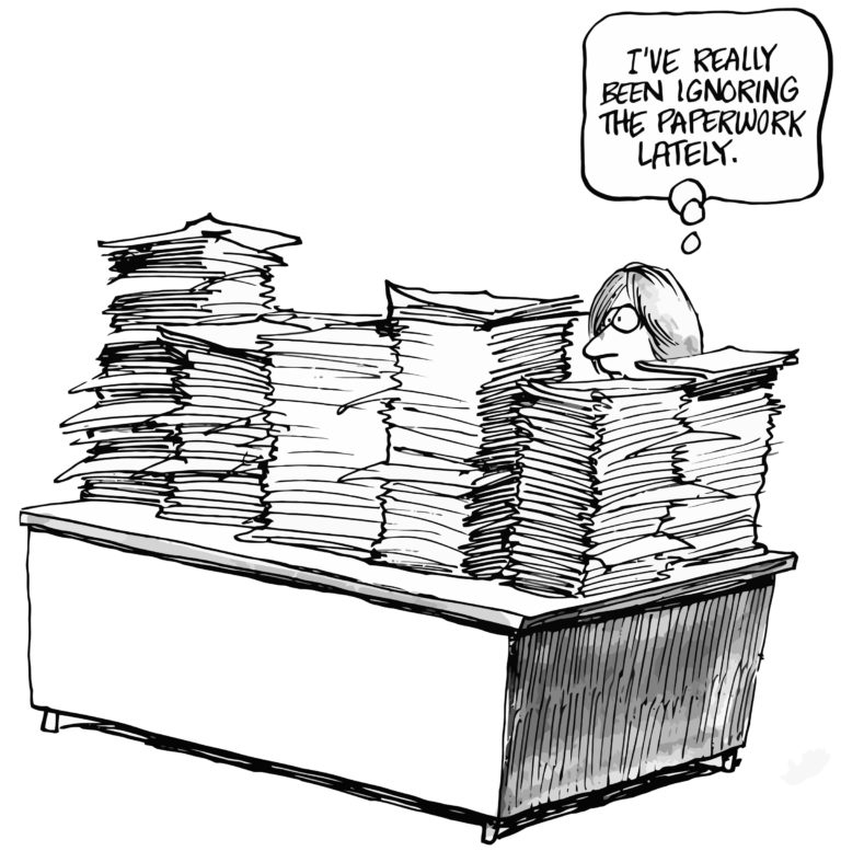 illustration desk stacked with paperwork