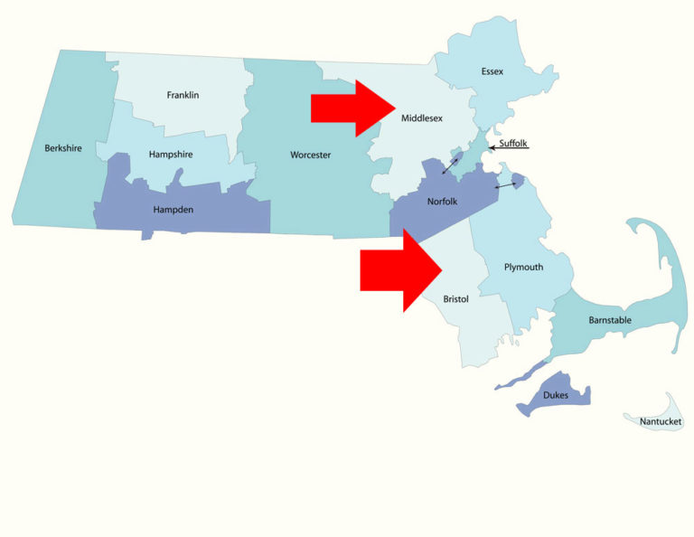 Massachusetts Middlesex and Bristol Counties map