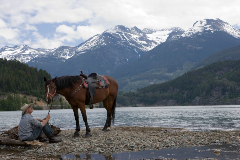 mountains horse river senior man