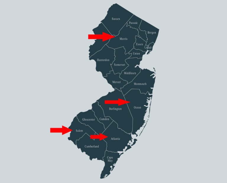 New Jersey EEE Morris, Salem, Atlantic, Ocean Counties map