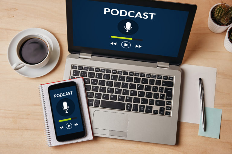 podcast phone computer coffee desk