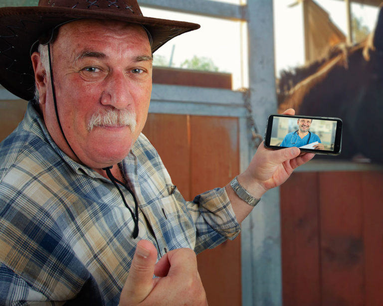 telemedicine man cell phone vet horse background