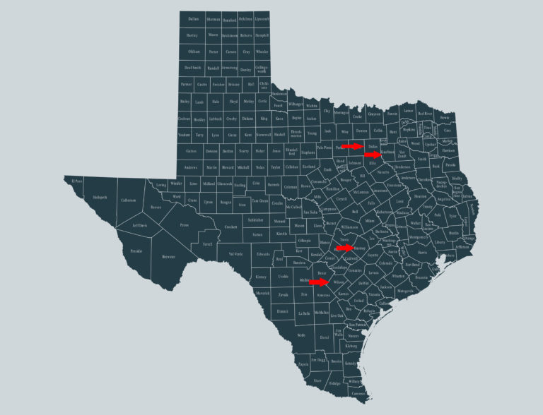 Texas-Bastrop-Dallas-Kaufman-Wilson-county-map-iStock-695037602-2400