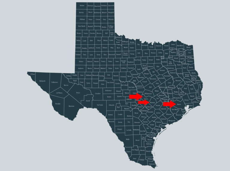 Texas Bastrop, Harris, Travis Counties map