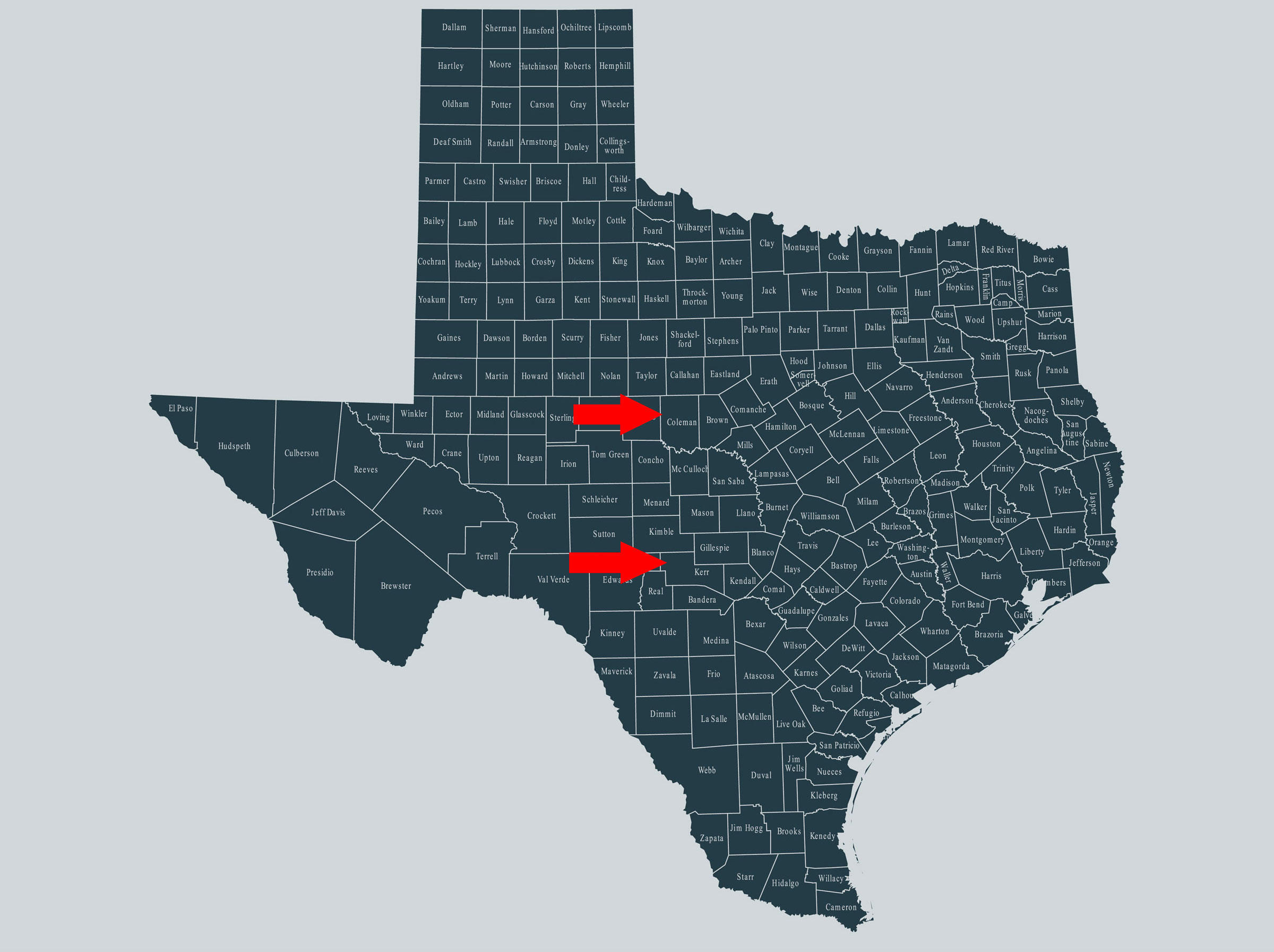 Texas Coleman and Kerr Counties map
