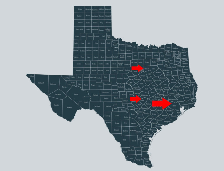 Harris, Johnson, Travis Counties Texas map
