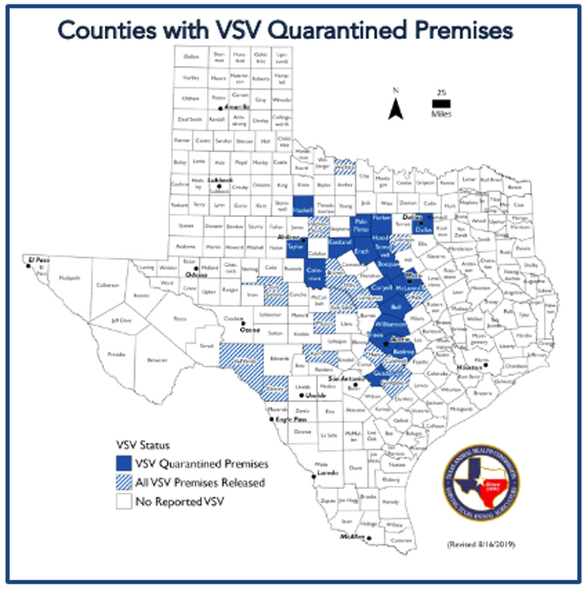 Texas VSV quarantine map 8-16-19