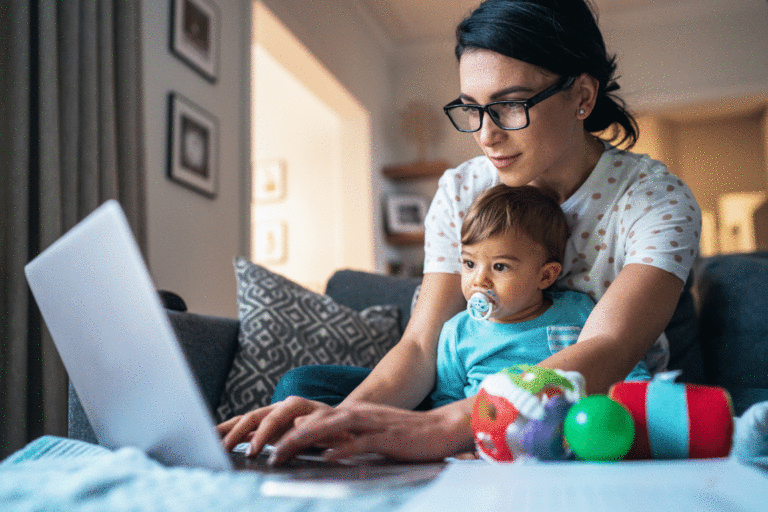 vet woman computer infant home