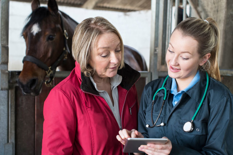 vet woman talking to woman client horse background ipad