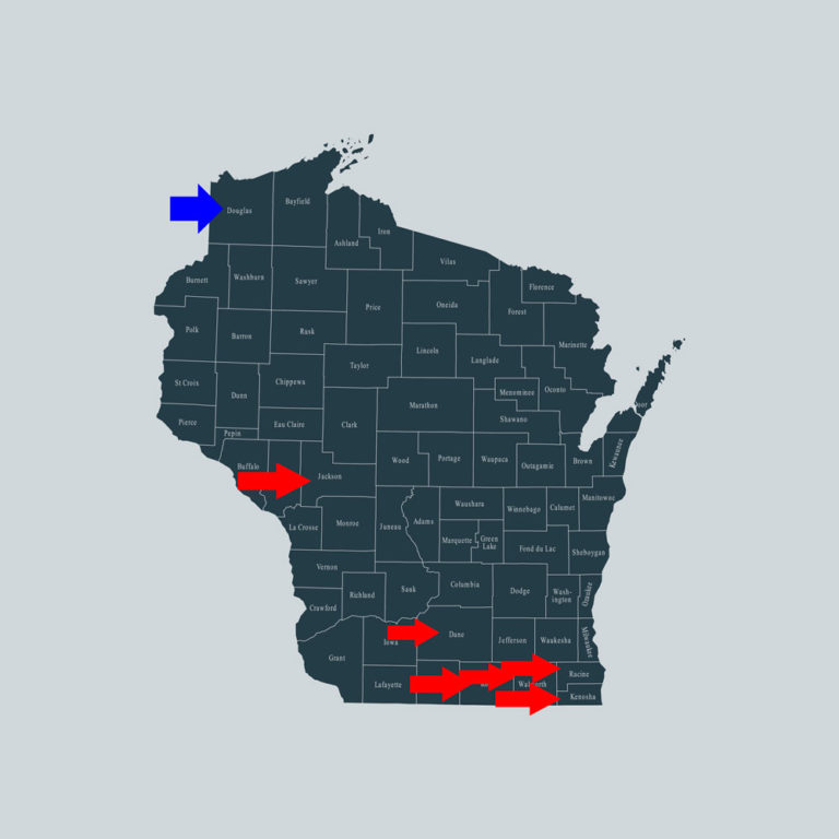 Wisconsin Dane, Jackson, Kenosha, Racine, Rock, Walworth, Douglas Counties