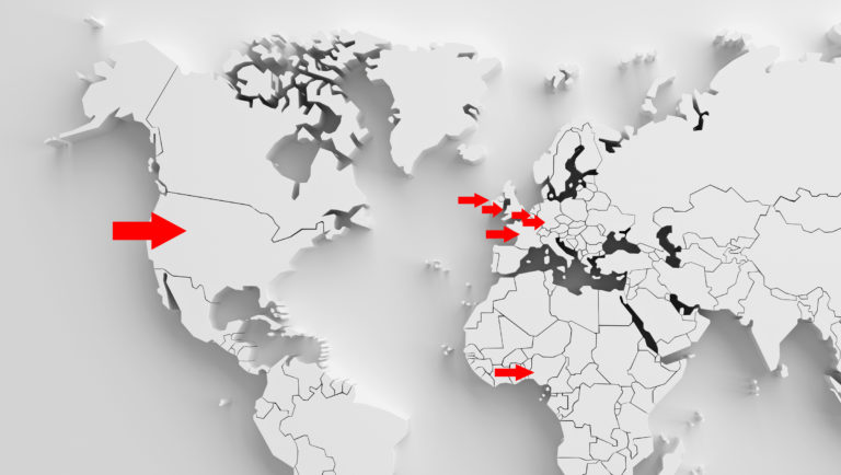 world map US Bel Ger Fr Ire UK Nigeria