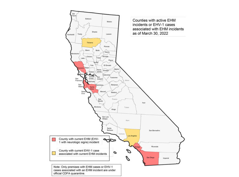 California EHM and EHV-1 map through March 30, 2022
