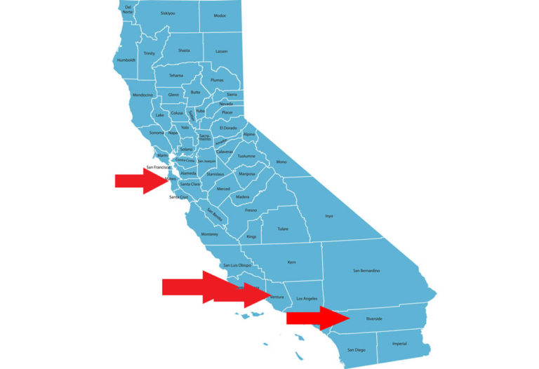 California map Riverside, Santa Barbara, Ventura, San Mateo Counties