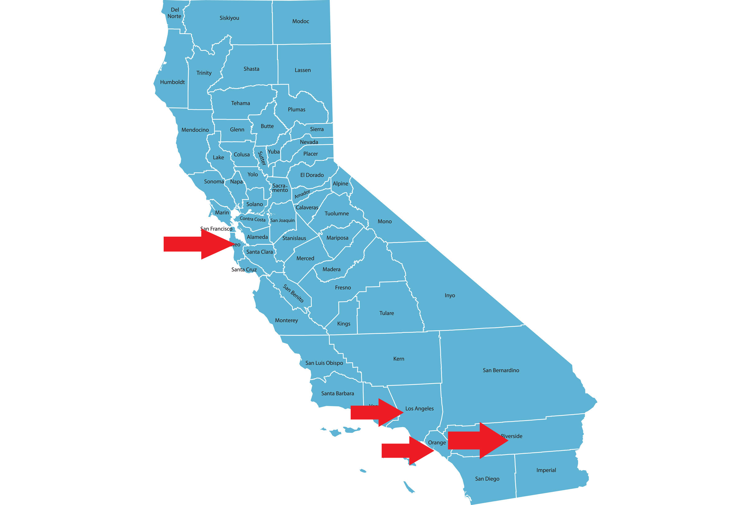 California County map Los Angeles, Orange, Riverside, San Mateo