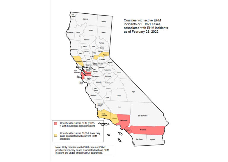 CDFA EHV-1 incidents map 2-28-22