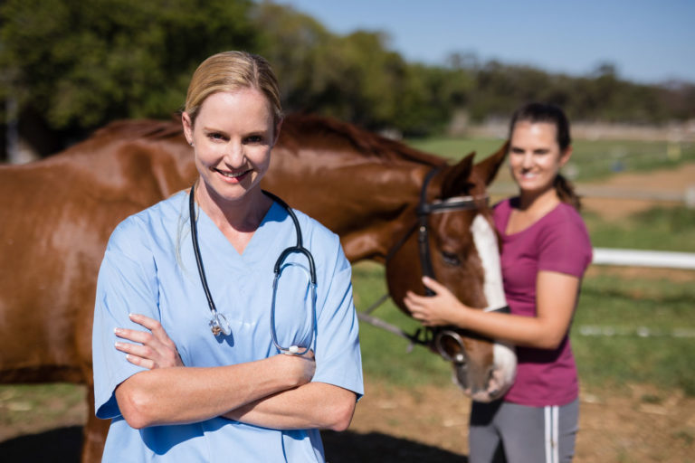 vet woman owner horse background