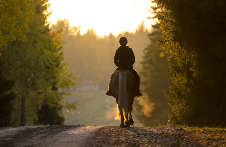 woman riding horse into sunset English helmet