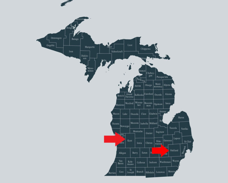 Kent and Oakland Counties Michigan map