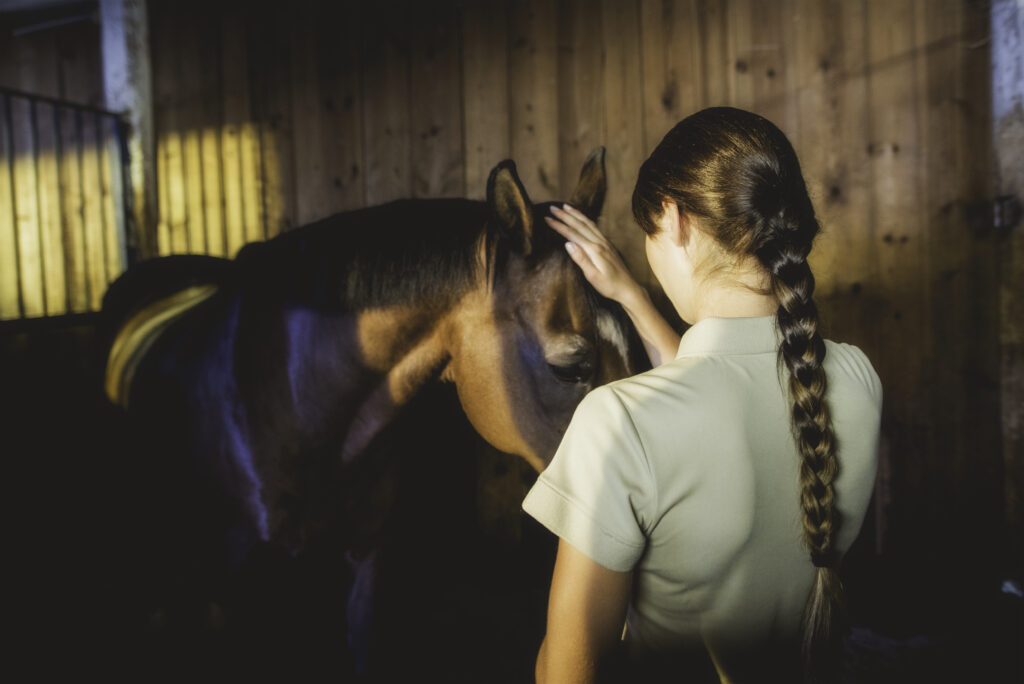 Woman with braided brown hair stroking a horse's head in a barn at night.