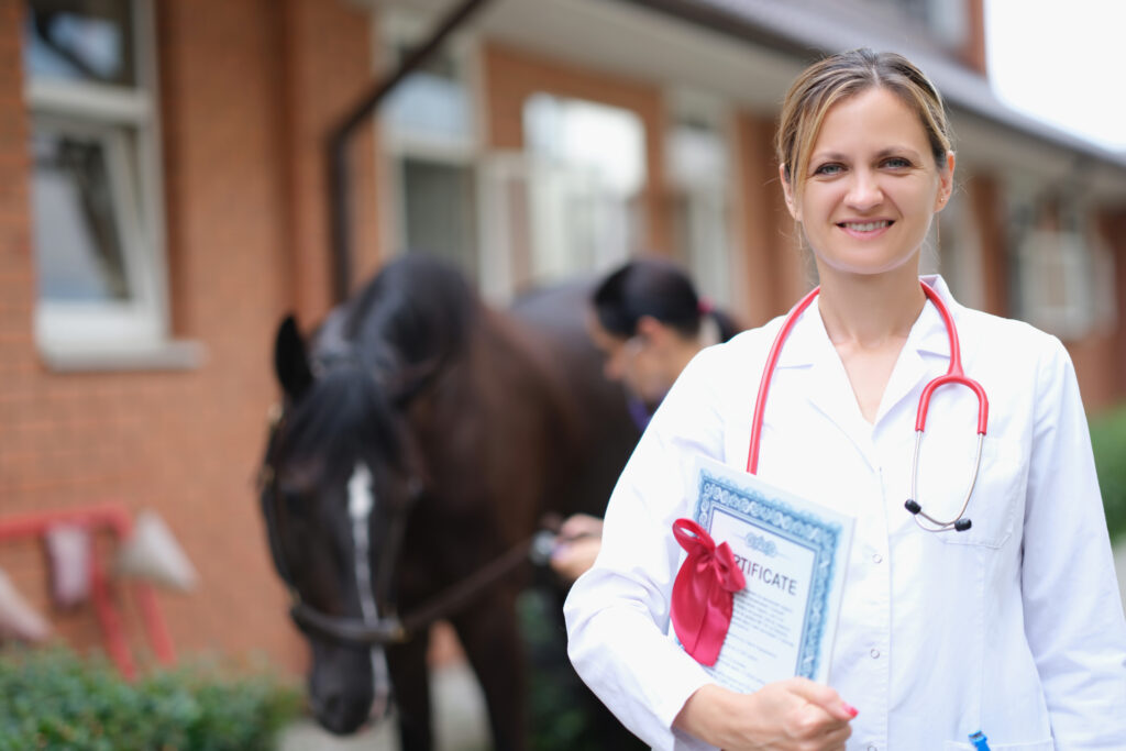 A veterinarian stands in front of a horse. Planning your professional future as an equine veterinarian requires hard work and sacrifice. 