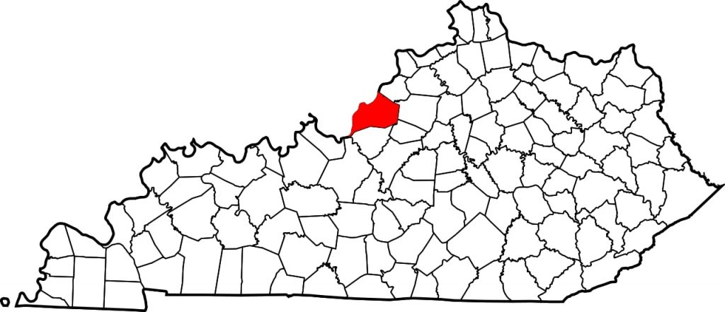 Map of Jefferson County, Kentucky, where a filly is positive for EHV-1