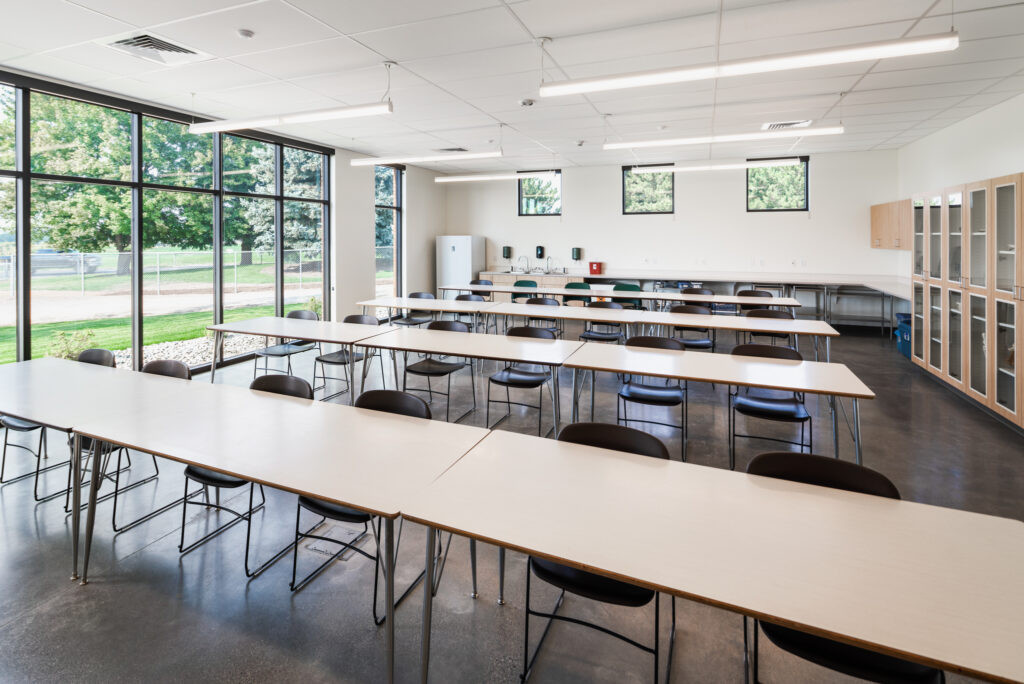 A well-lit classroom. 