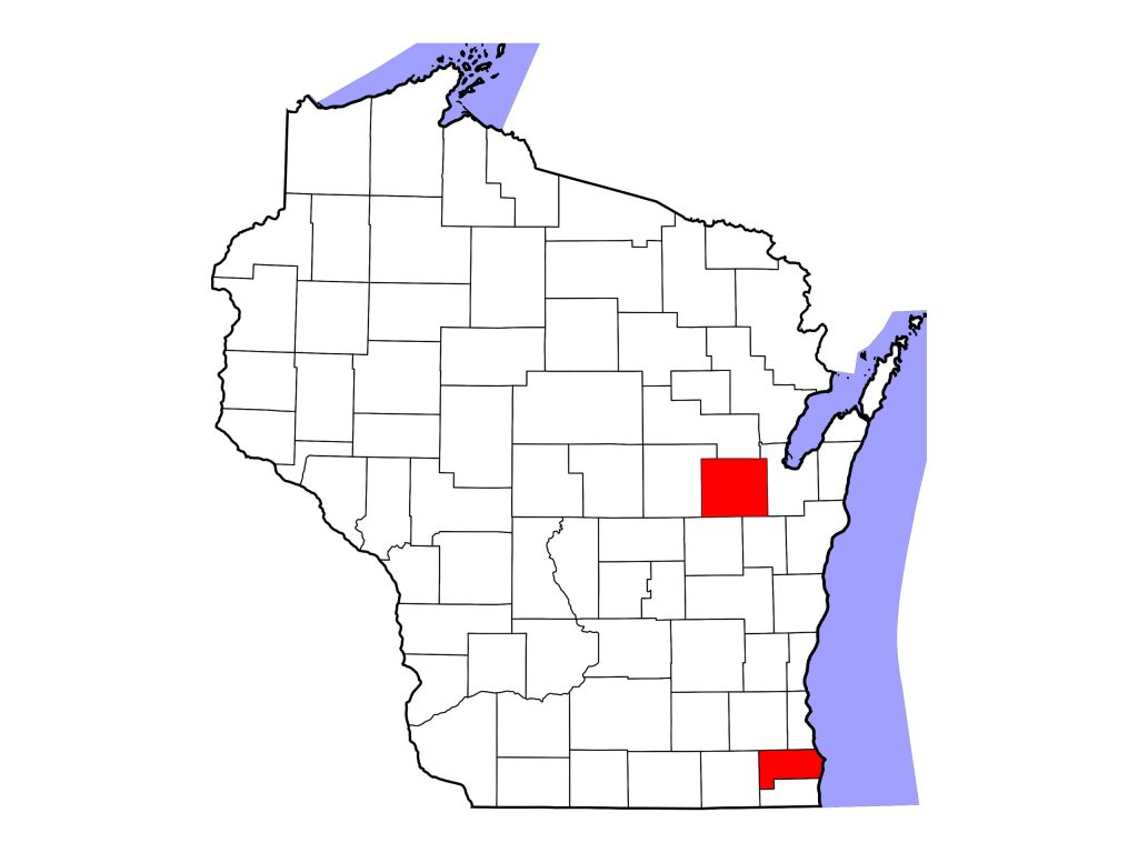 Map of Wisconsin highlighting Racine and Outagamie counties, the two counties where strangles is confirmed