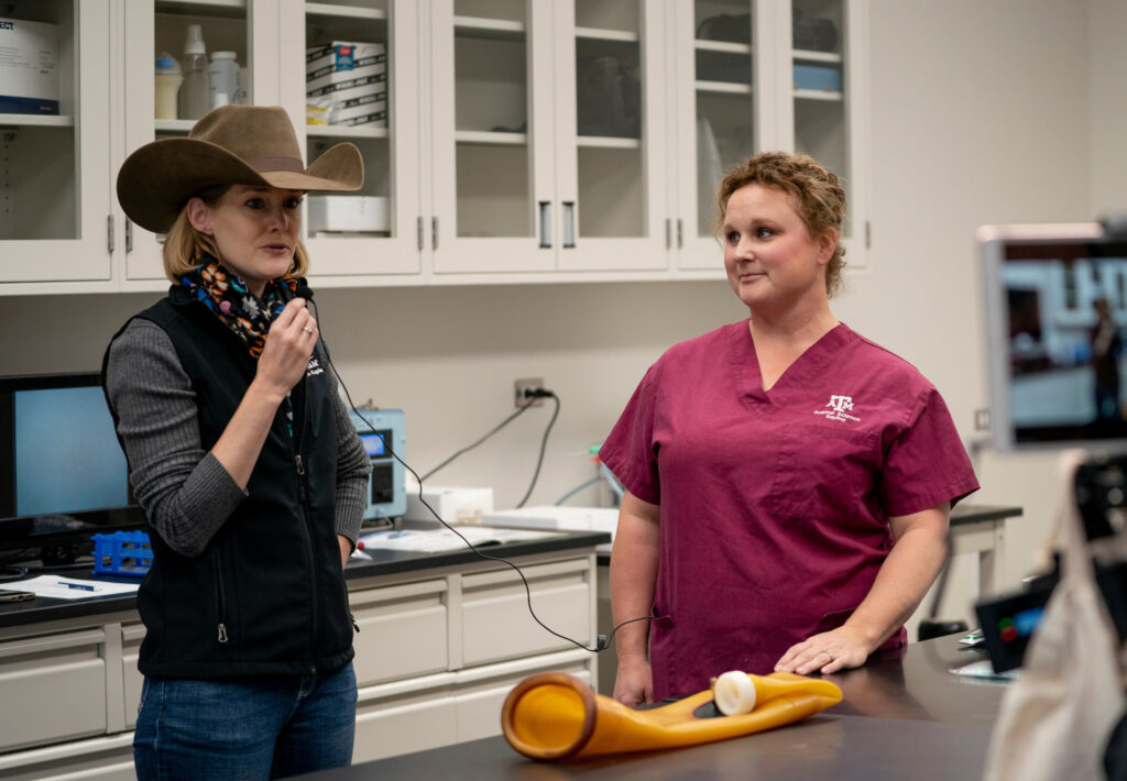Chelsie Huseman, Ph.D., Texas A&M AgriLife Extension Service horse specialist in the Department of Animal Science, records a segment for the Texas A&M Equine Reproductive Management Short Course educational program she offers. (Texas A&M AgriLife photo by Laura McKenzie)