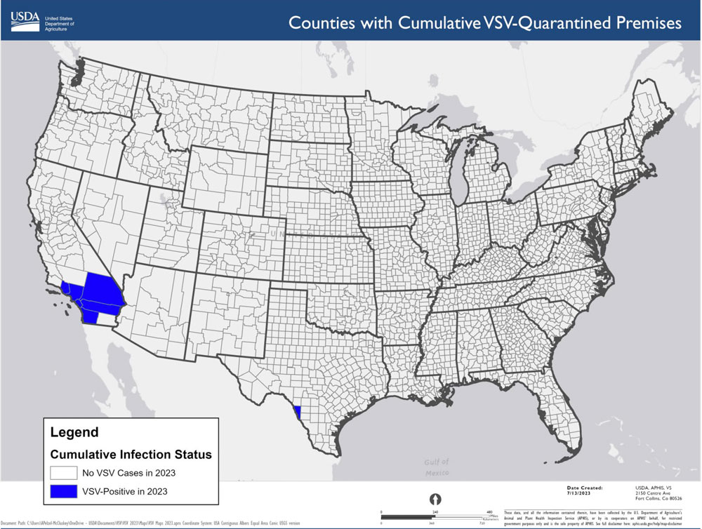Vesicular stomatitis map quarantined premises thru 7-13-23