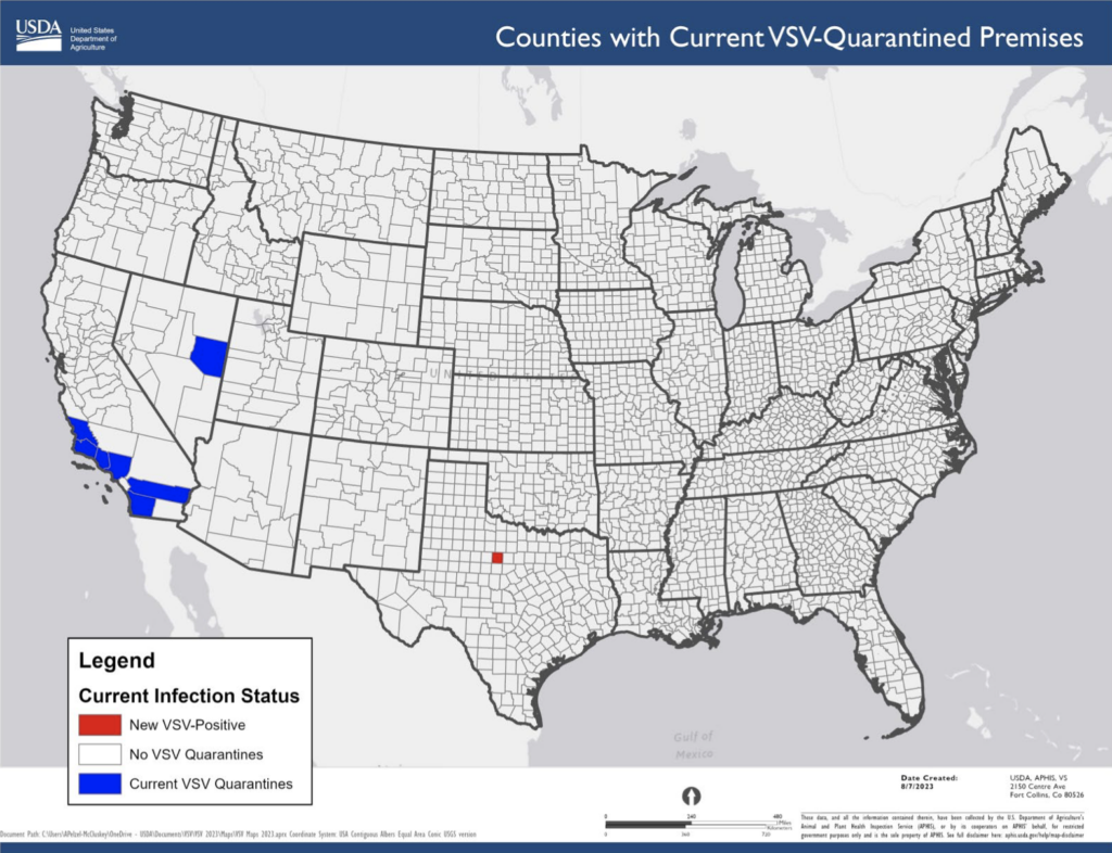 Eight new premises in California and Texas are now affected by vesicular stomatitis virus (VSV).