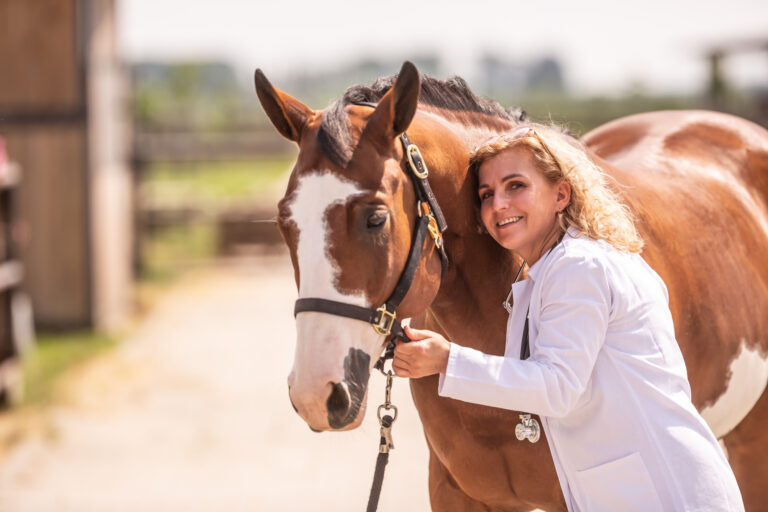 Female veterinary in white overall and stethoscope over her neck stays close and friendly with a horse next to her