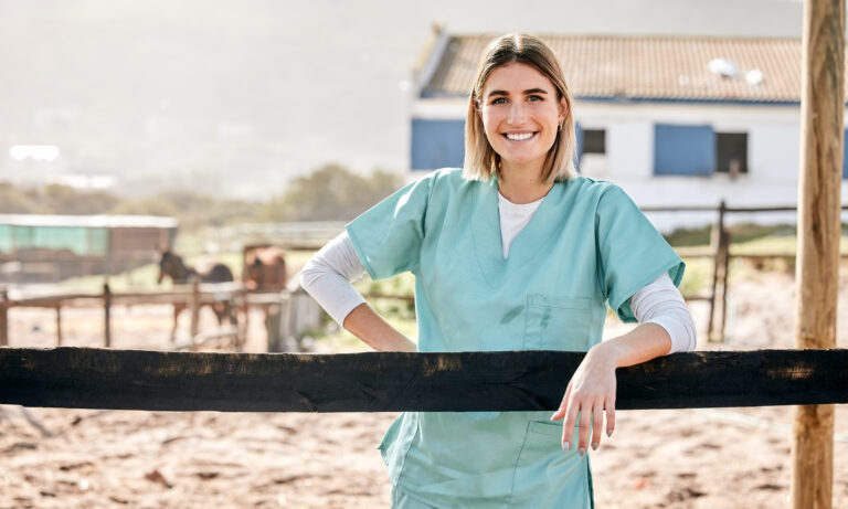 Horse vet, portrait and smile outdoor at farm for health, care or happy with love for animal in nature