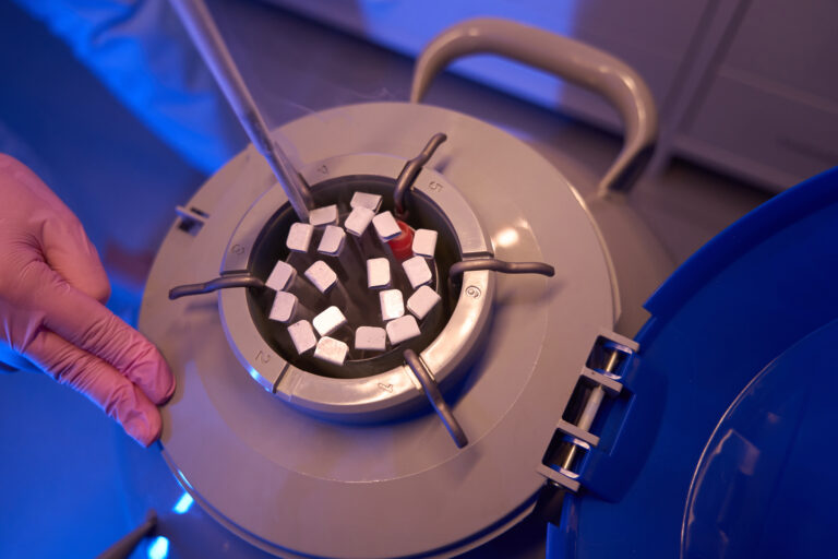 Scientist placing biological specimens into cryogenic container for preservation
