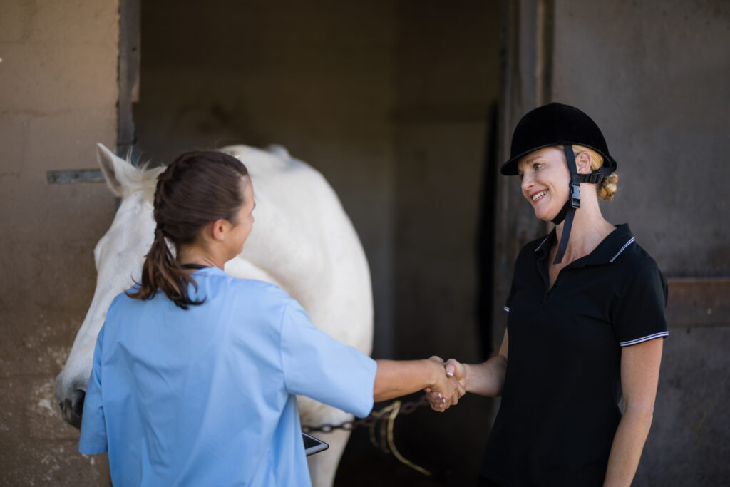 Equine veterinarian shaking client's hand