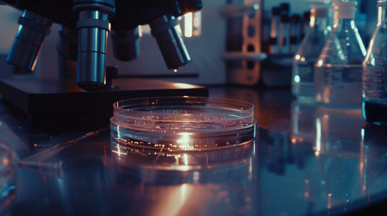 Close-up of a petri dish with bacterial growth in a lab