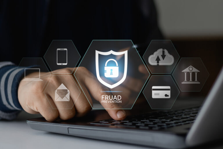Fraud prevention button, concept about cybersecurity, credit card and identity protection against cyberattack and online thieves, phishing scam, mobile phone hacker, bank account threat and fraud