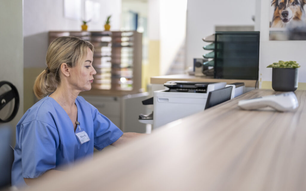 Equine veterinary clinic receptionist, who might commit fraud or embezzlement in the veterinary practice. 