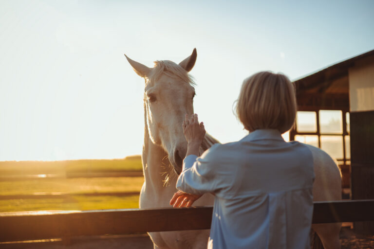 Female Farmer Showing Affection to Horse in Soft Warm Light Natural Setting