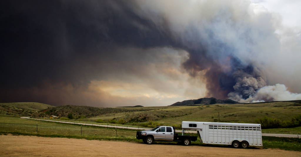 Horse trailer evacuating a wildfire zone.
